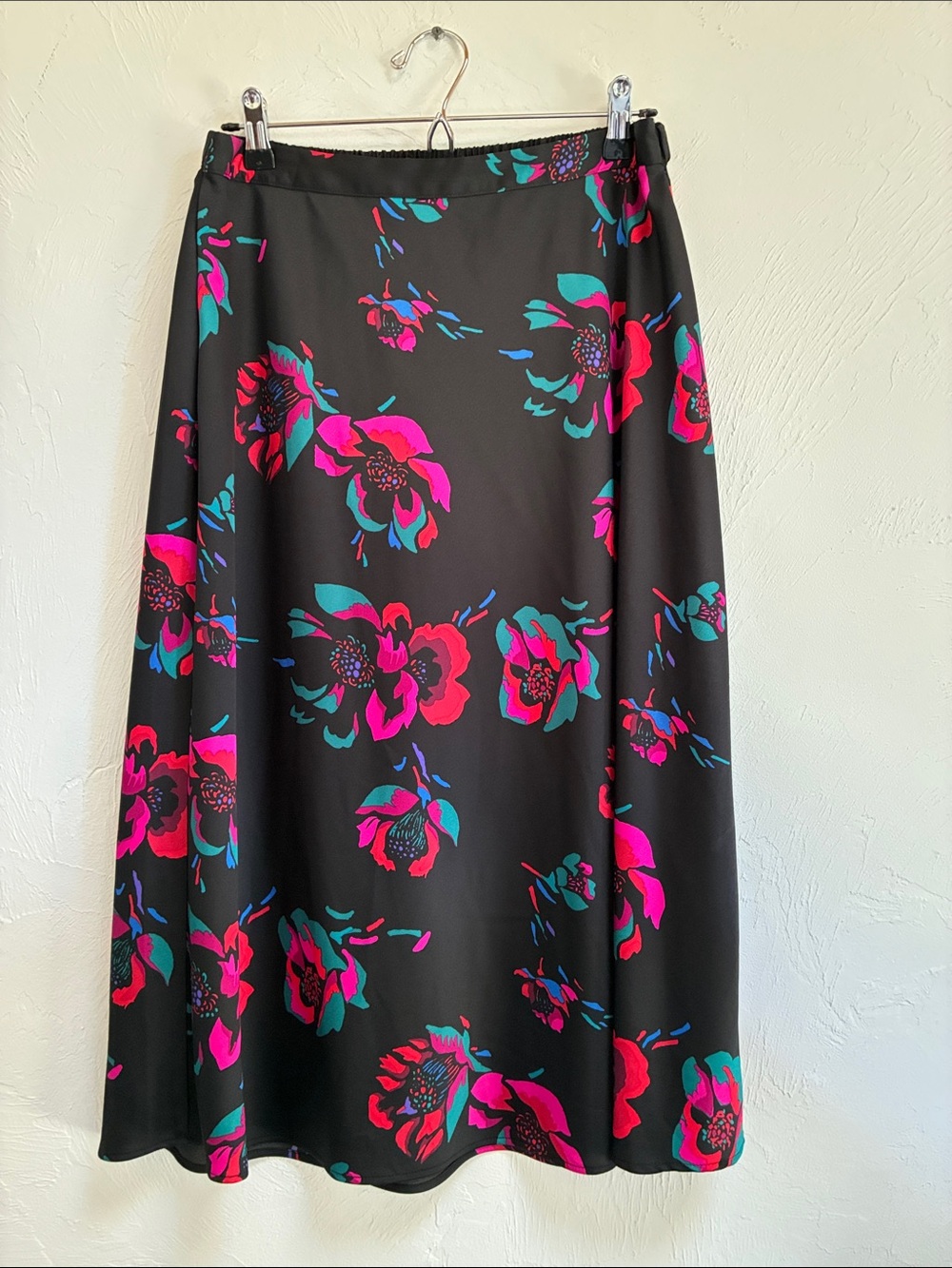 Black Floral A-Line Skirt with Pink & Teal Accents